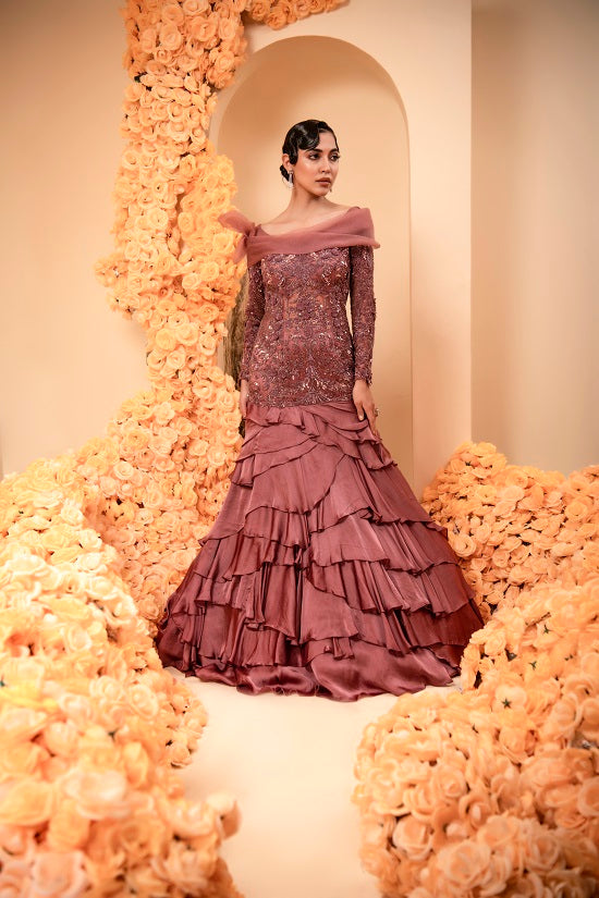Lavender wine colour gown with embroidered body